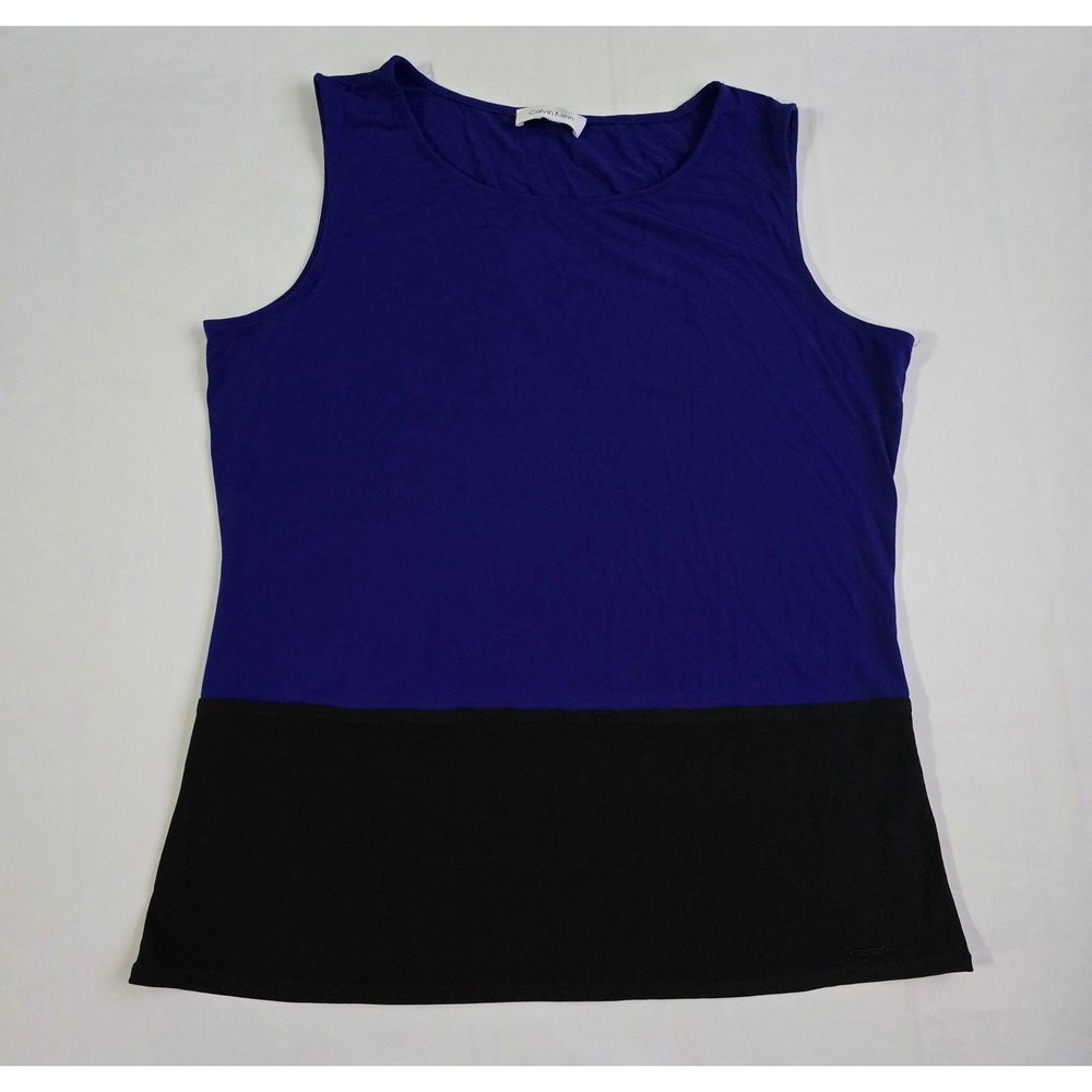 Calvin Klein Womens Blue Black Colorblock Sleeveless Shell Top Stretch Jersey L - Picture 2 of 13